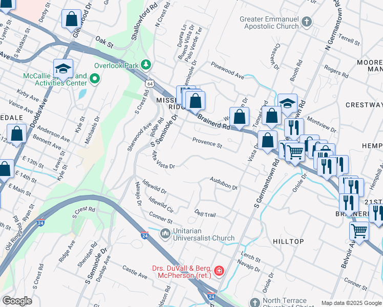 map of restaurants, bars, coffee shops, grocery stores, and more near 3404 Alta Vista Drive in Chattanooga