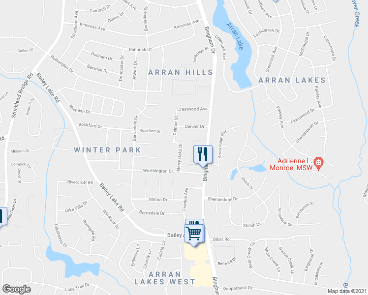 map of restaurants, bars, coffee shops, grocery stores, and more near 1721 Merry Oaks Drive in Fayetteville