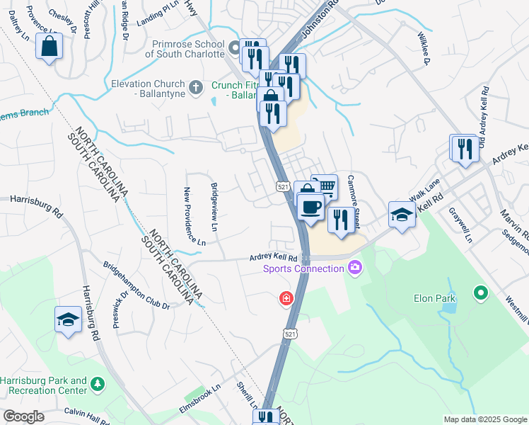 map of restaurants, bars, coffee shops, grocery stores, and more near 16438 Hawfield Woods Lane in Charlotte