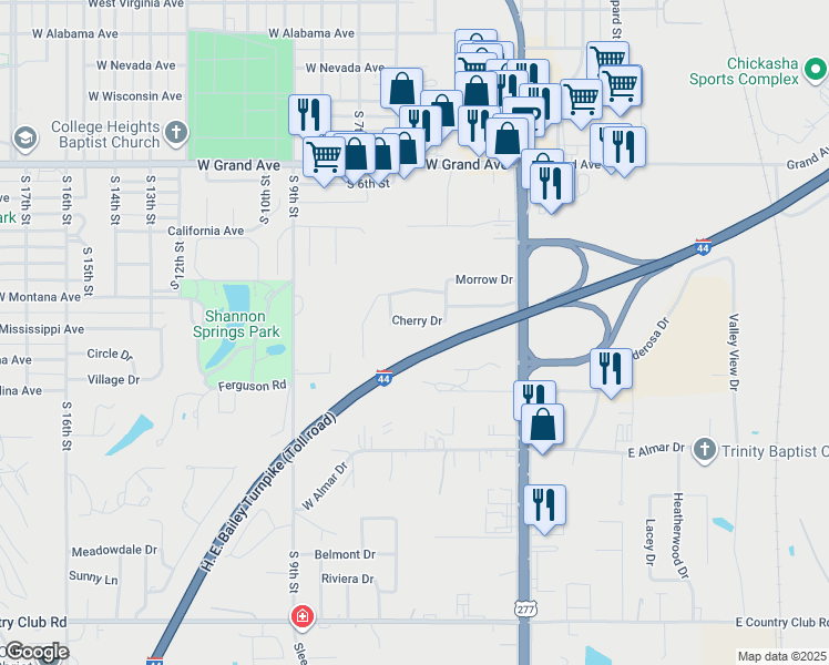 map of restaurants, bars, coffee shops, grocery stores, and more near 12 Cherry Drive in Chickasha