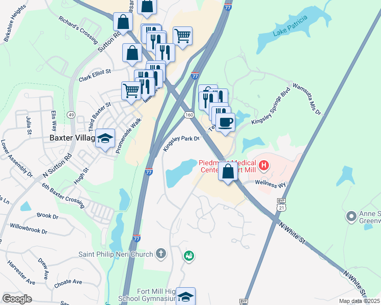 map of restaurants, bars, coffee shops, grocery stores, and more near 100 Kingsley Park Drive in Fort Mill