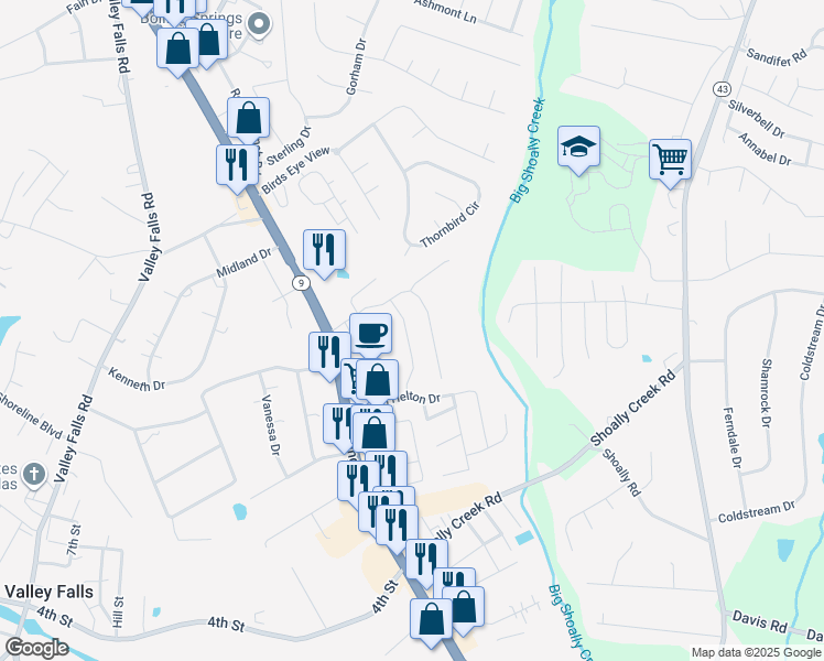 map of restaurants, bars, coffee shops, grocery stores, and more near 115 Oriole Court in Boiling Springs