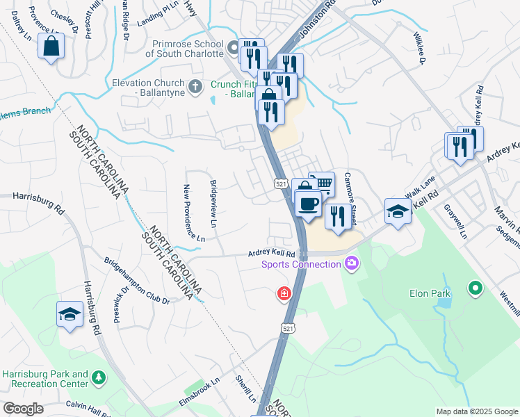 map of restaurants, bars, coffee shops, grocery stores, and more near 16434 Hawfield Woods Lane in Charlotte