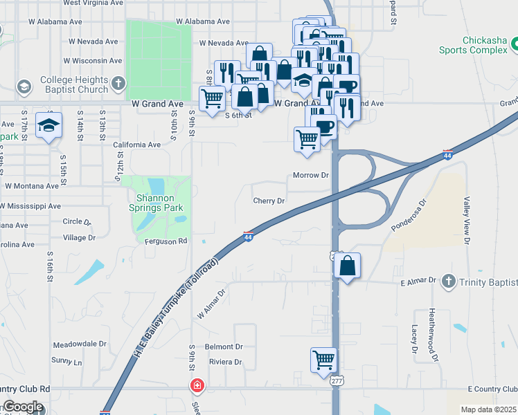 map of restaurants, bars, coffee shops, grocery stores, and more near 12 Cherry Drive in Chickasha