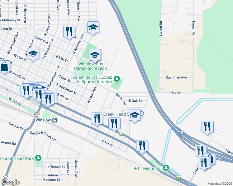 map of restaurants, bars, coffee shops, grocery stores, and more near 613 North Taylor Avenue in Winslow