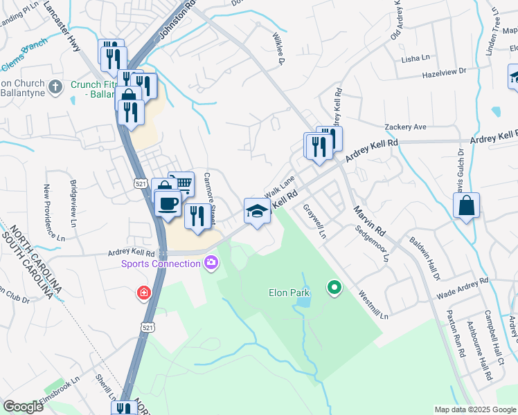 map of restaurants, bars, coffee shops, grocery stores, and more near 11240 Cedar Walk Lane in Charlotte