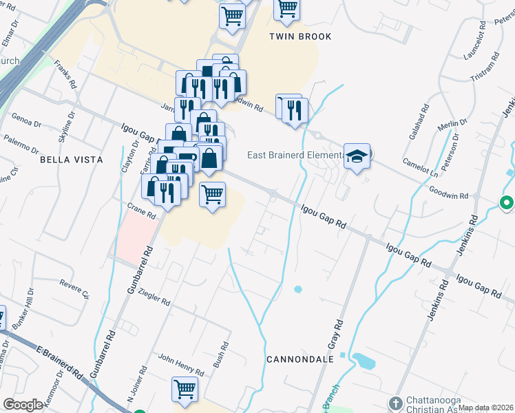 map of restaurants, bars, coffee shops, grocery stores, and more near 7432 Igou Gap Road in Chattanooga