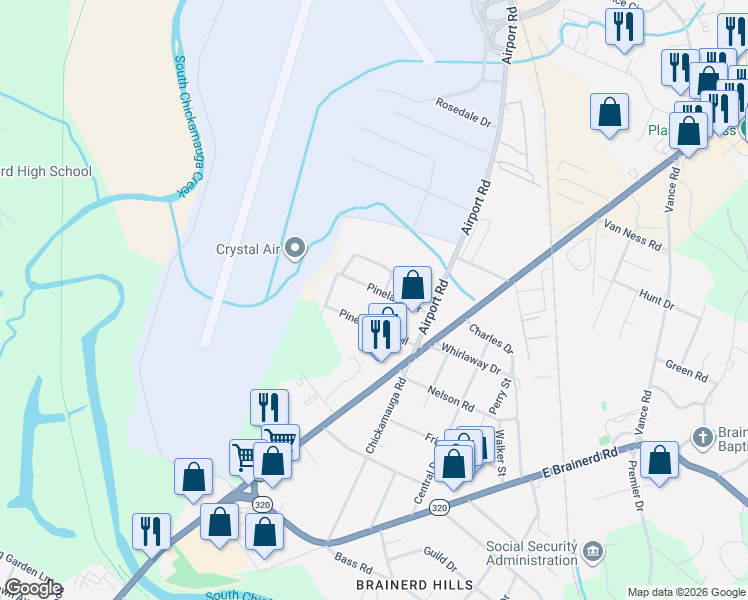 map of restaurants, bars, coffee shops, grocery stores, and more near 5919 Pinelawn Drive in Chattanooga
