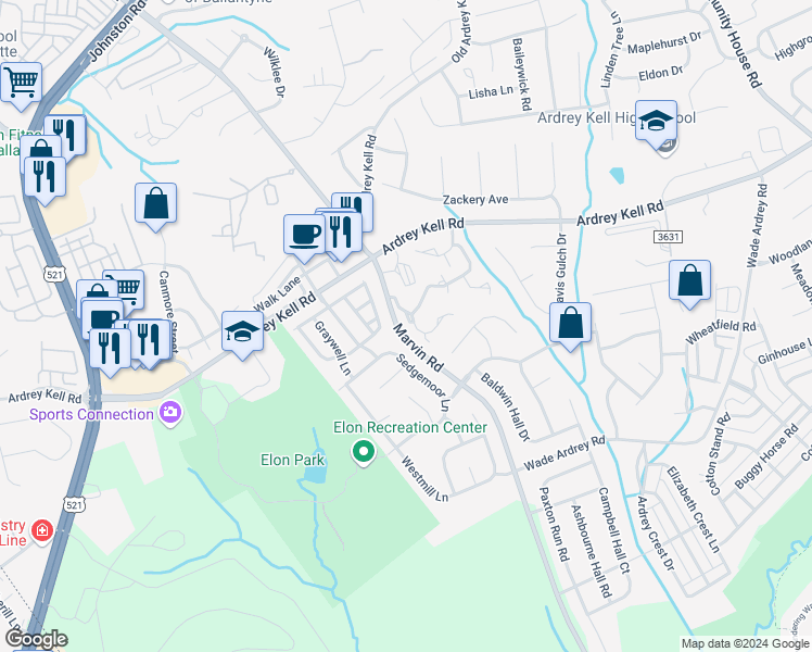 map of restaurants, bars, coffee shops, grocery stores, and more near 16910 Commons Creek Drive in Charlotte