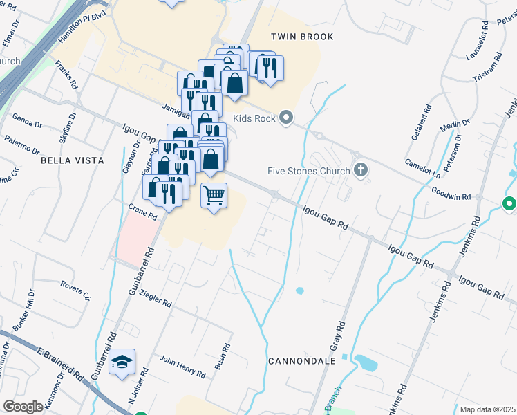 map of restaurants, bars, coffee shops, grocery stores, and more near 7432 Igou Gap Road in Chattanooga
