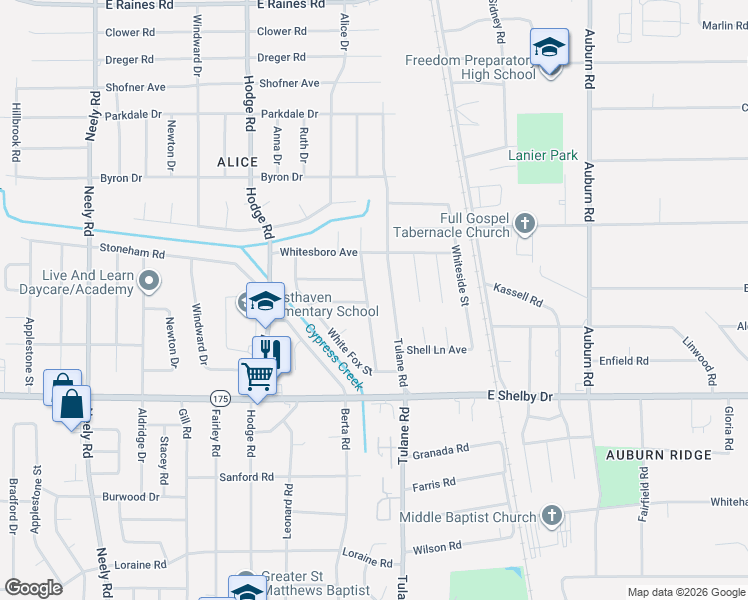 map of restaurants, bars, coffee shops, grocery stores, and more near 4541 Whitepine Street in Memphis