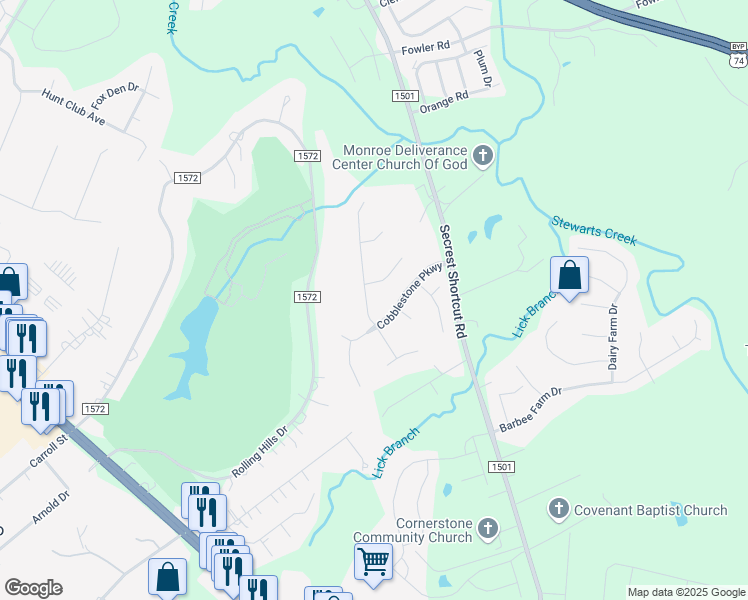 map of restaurants, bars, coffee shops, grocery stores, and more near 3110 Manchester Avenue in Monroe