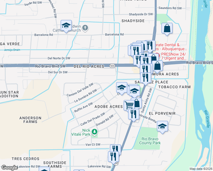 map of restaurants, bars, coffee shops, grocery stores, and more near 3821 Beall Court Southwest in Albuquerque