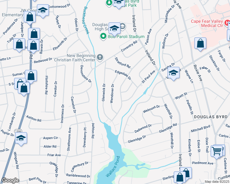 map of restaurants, bars, coffee shops, grocery stores, and more near 1833 Wendover Drive in Fayetteville
