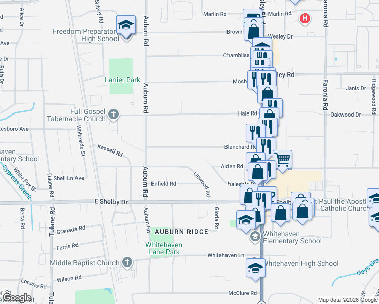 map of restaurants, bars, coffee shops, grocery stores, and more near 970 Blanchard Road in Memphis