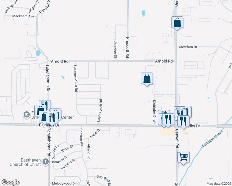 map of restaurants, bars, coffee shops, grocery stores, and more near 4492 Old Quarry Road in Memphis