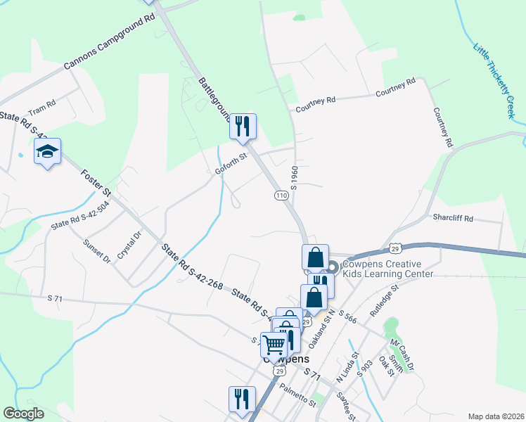 map of restaurants, bars, coffee shops, grocery stores, and more near 187 Battleground Road in Cowpens