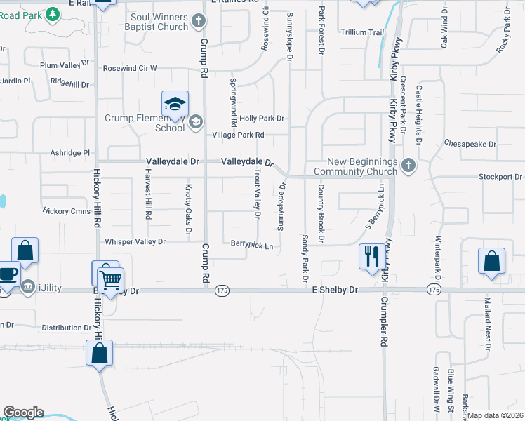 map of restaurants, bars, coffee shops, grocery stores, and more near 4528 Trout Valley Drive in Memphis