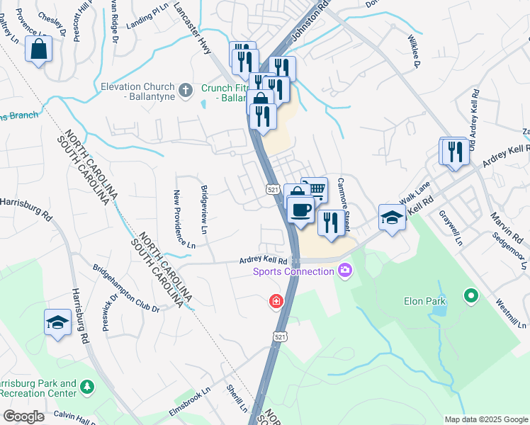 map of restaurants, bars, coffee shops, grocery stores, and more near 9524 Alice McGinn Drive in Charlotte