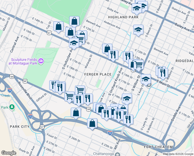 map of restaurants, bars, coffee shops, grocery stores, and more near 201 Morningside Drive in Chattanooga