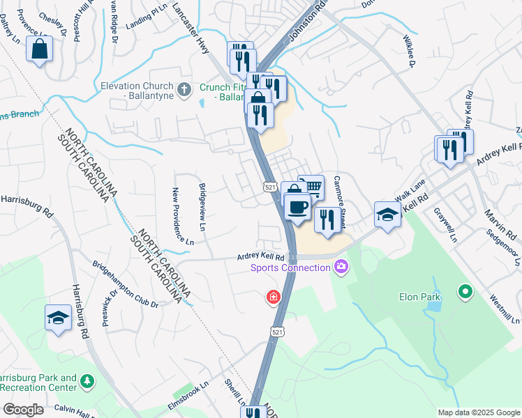 map of restaurants, bars, coffee shops, grocery stores, and more near 11727 Elizabeth Madison Court in Charlotte
