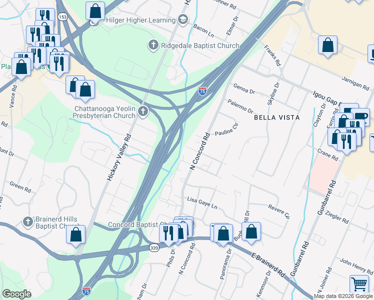 map of restaurants, bars, coffee shops, grocery stores, and more near 6916 Northside Drive in Chattanooga