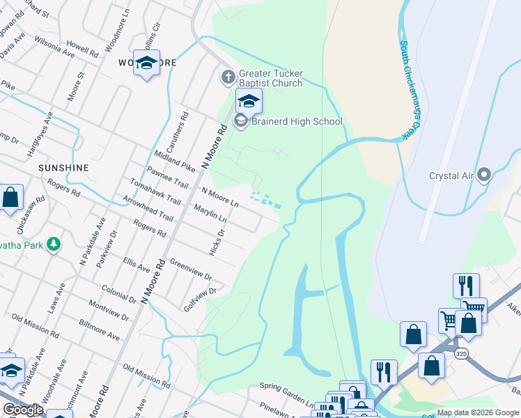 map of restaurants, bars, coffee shops, grocery stores, and more near 1010 North Moore Road in Chattanooga