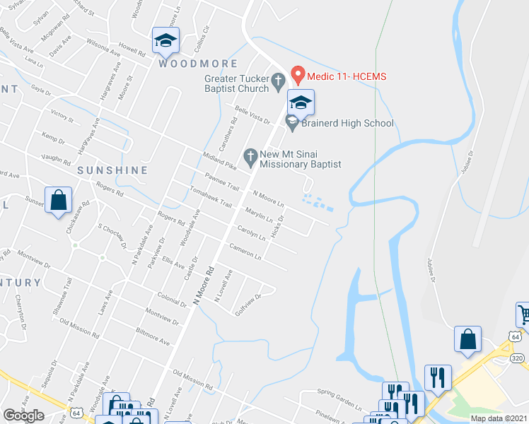 map of restaurants, bars, coffee shops, grocery stores, and more near 4902 North Moore Lane in Chattanooga