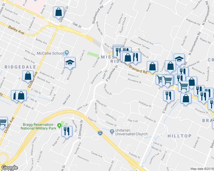 map of restaurants, bars, coffee shops, grocery stores, and more near 200 Ridge Road in Chattanooga