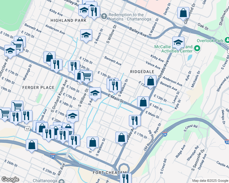 map of restaurants, bars, coffee shops, grocery stores, and more near 1308 South Lyerly Street in Chattanooga