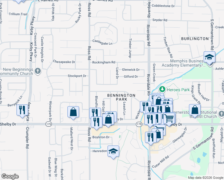 map of restaurants, bars, coffee shops, grocery stores, and more near 6801 Seven Valley Drive in Memphis