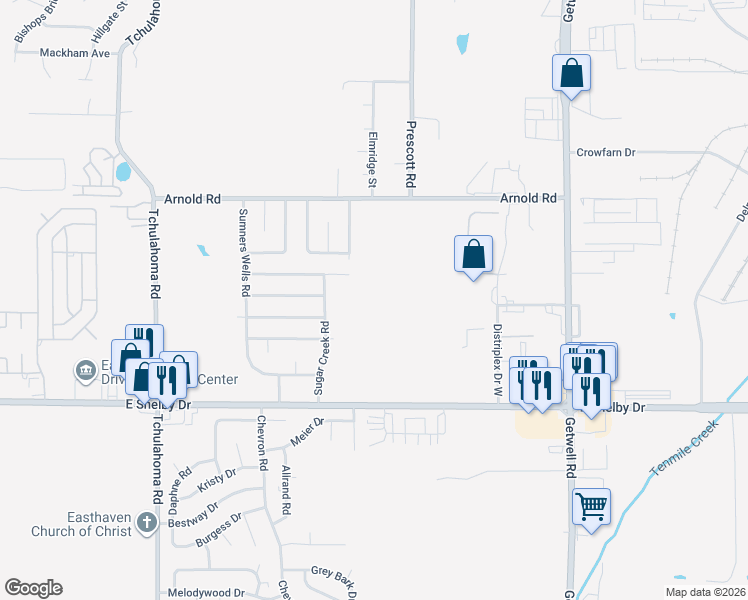 map of restaurants, bars, coffee shops, grocery stores, and more near 4492 Old Quarry Road in Memphis