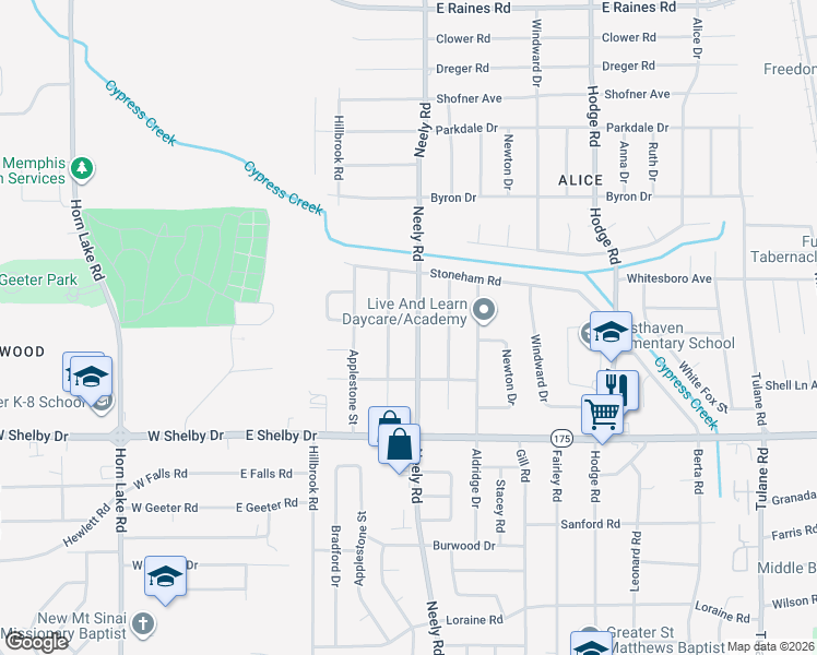 map of restaurants, bars, coffee shops, grocery stores, and more near 4531 Neely Road in Memphis