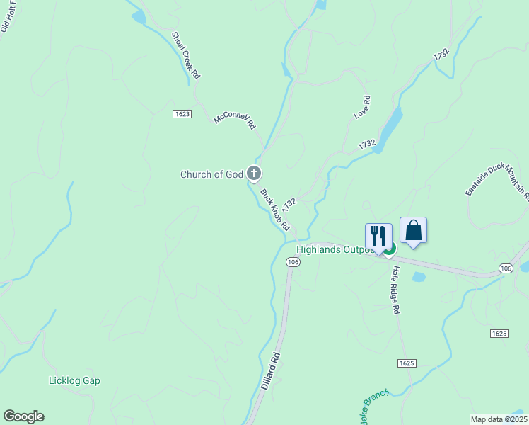 map of restaurants, bars, coffee shops, grocery stores, and more near 218 Buck Knob Road in Scaly Mountain