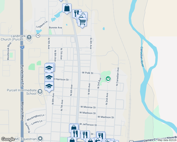 map of restaurants, bars, coffee shops, grocery stores, and more near 402 West Taylor Street in Purcell