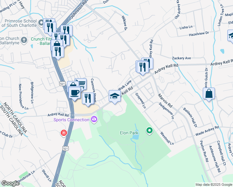 map of restaurants, bars, coffee shops, grocery stores, and more near 1001 Juniper Trace Drive in Charlotte