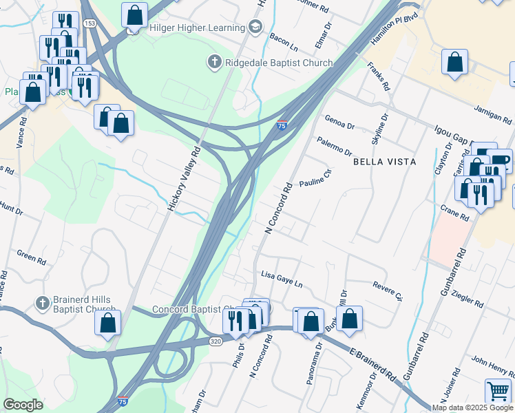 map of restaurants, bars, coffee shops, grocery stores, and more near 6916 Northside Drive in Chattanooga