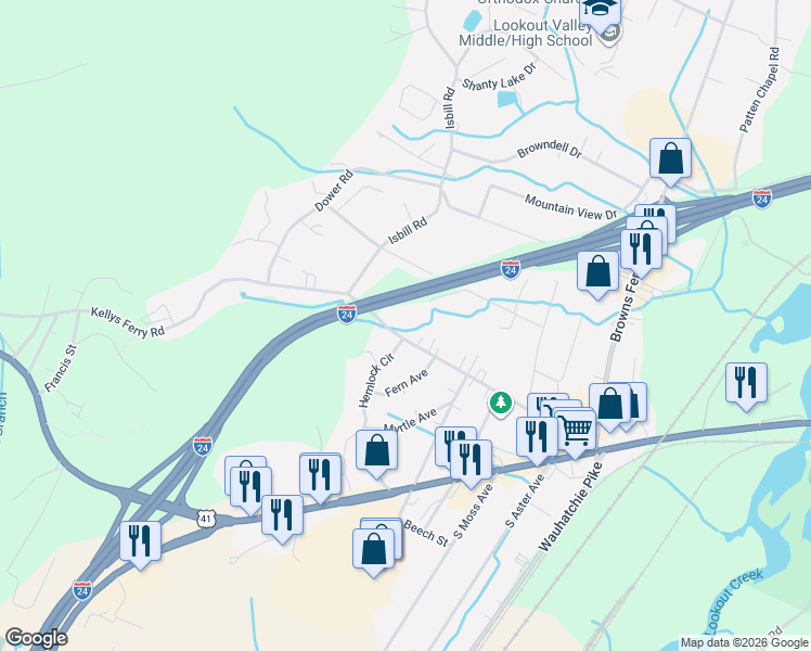 map of restaurants, bars, coffee shops, grocery stores, and more near 3611 Kellys Ferry Road in Chattanooga
