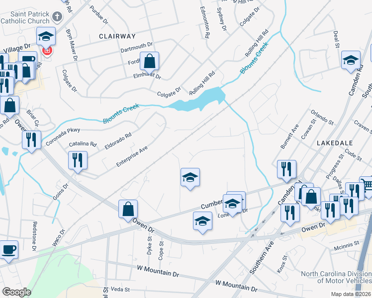 map of restaurants, bars, coffee shops, grocery stores, and more near 834 Dinmont Circle in Fayetteville