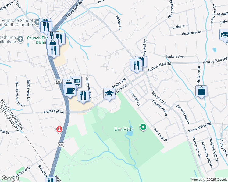 map of restaurants, bars, coffee shops, grocery stores, and more near 10027 Juniper Trace Drive in Charlotte