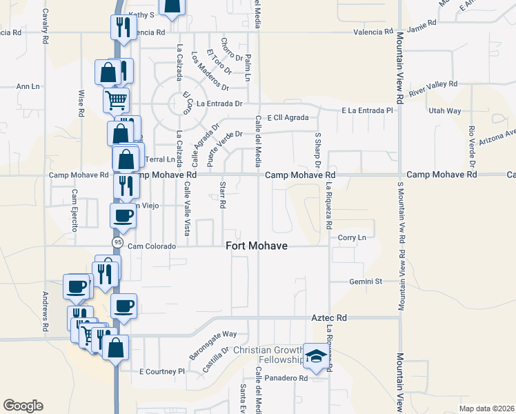 map of restaurants, bars, coffee shops, grocery stores, and more near 4539 Calle Del Media in Bullhead City