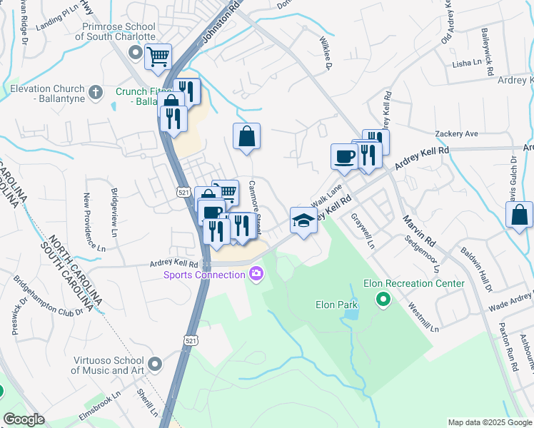 map of restaurants, bars, coffee shops, grocery stores, and more near 16835 Dunaverty Place in Charlotte