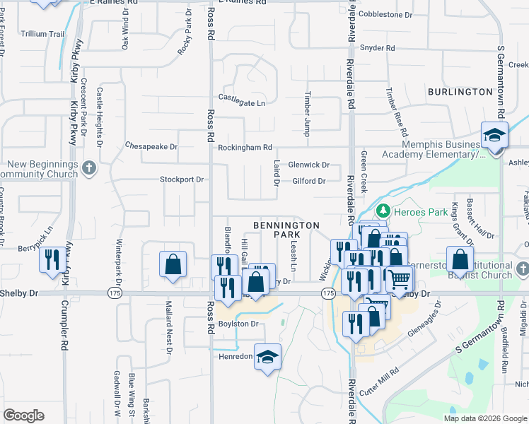 map of restaurants, bars, coffee shops, grocery stores, and more near 6801 Seven Valley Drive in Memphis