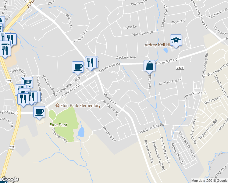 map of restaurants, bars, coffee shops, grocery stores, and more near 17021 Commons Creek Drive in Charlotte