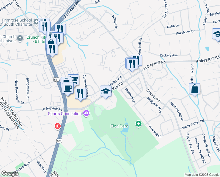 map of restaurants, bars, coffee shops, grocery stores, and more near 10023 Juniper Trace Drive in Charlotte