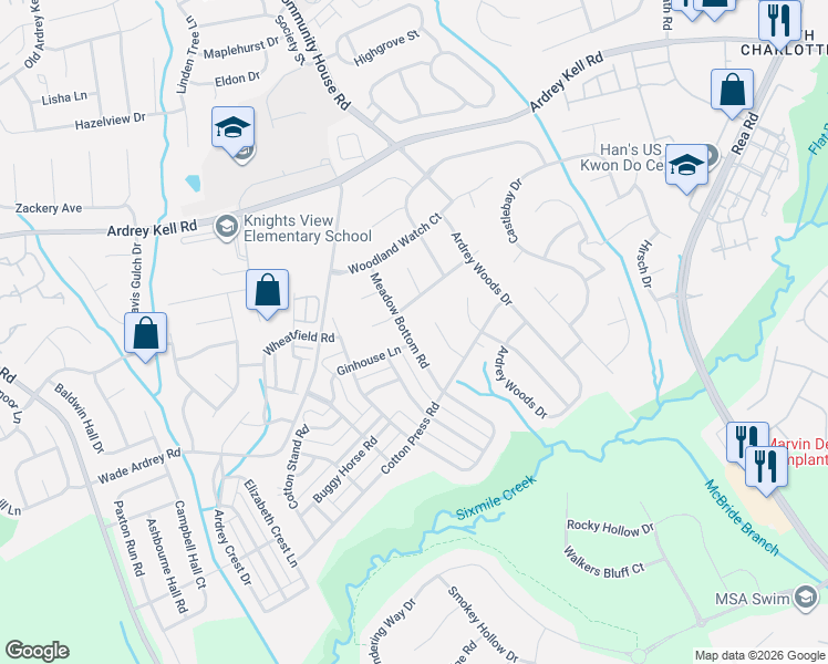 map of restaurants, bars, coffee shops, grocery stores, and more near 10408 Kristens Mare Drive in Charlotte