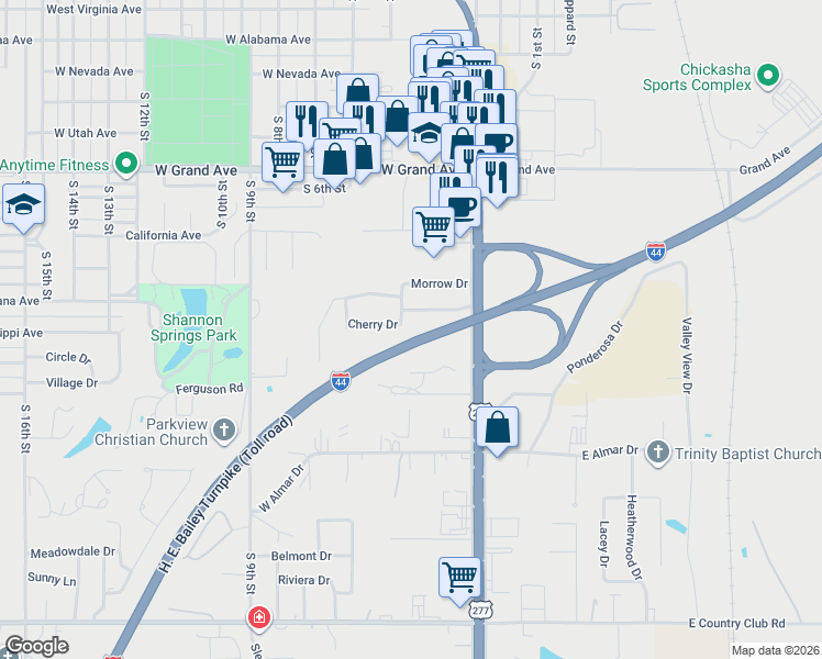 map of restaurants, bars, coffee shops, grocery stores, and more near 1 Cherry Drive in Chickasha