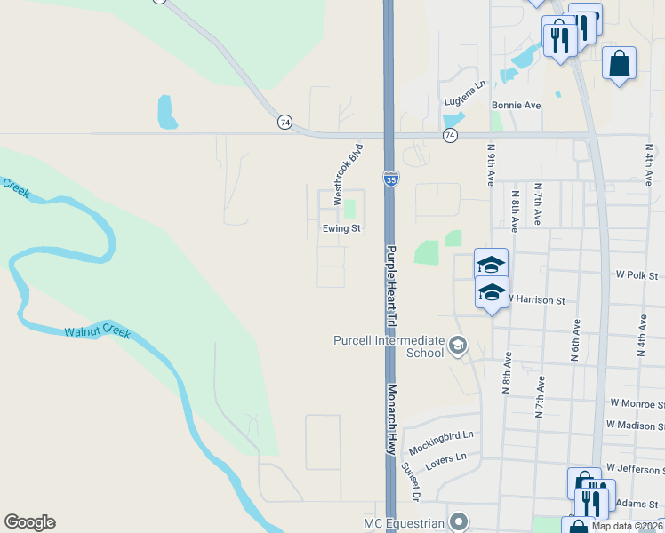 map of restaurants, bars, coffee shops, grocery stores, and more near 1120 Ewing Street in Purcell