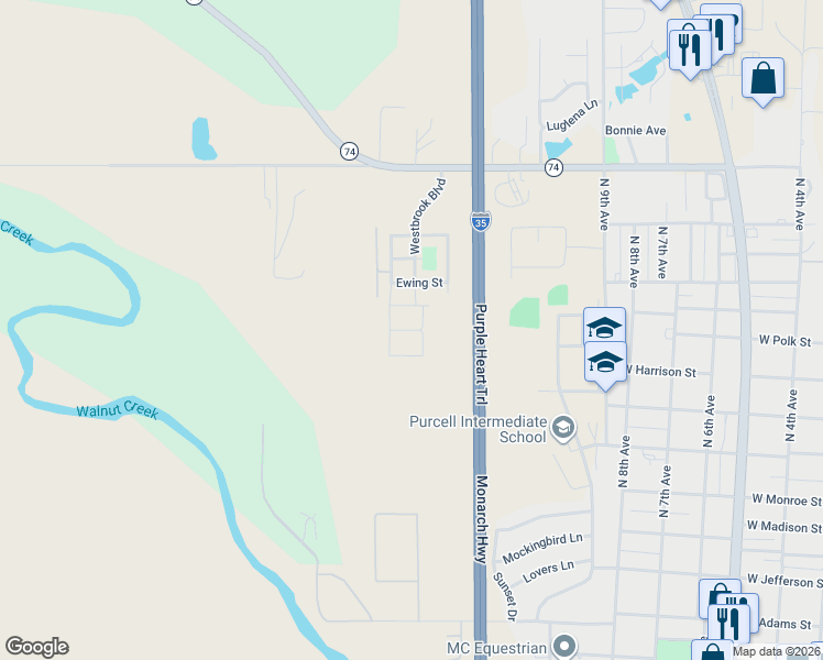 map of restaurants, bars, coffee shops, grocery stores, and more near 1120 Ewing Street in Purcell