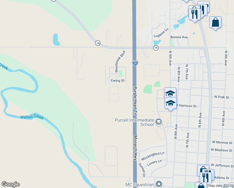 map of restaurants, bars, coffee shops, grocery stores, and more near 1120 Ewing Street in Purcell